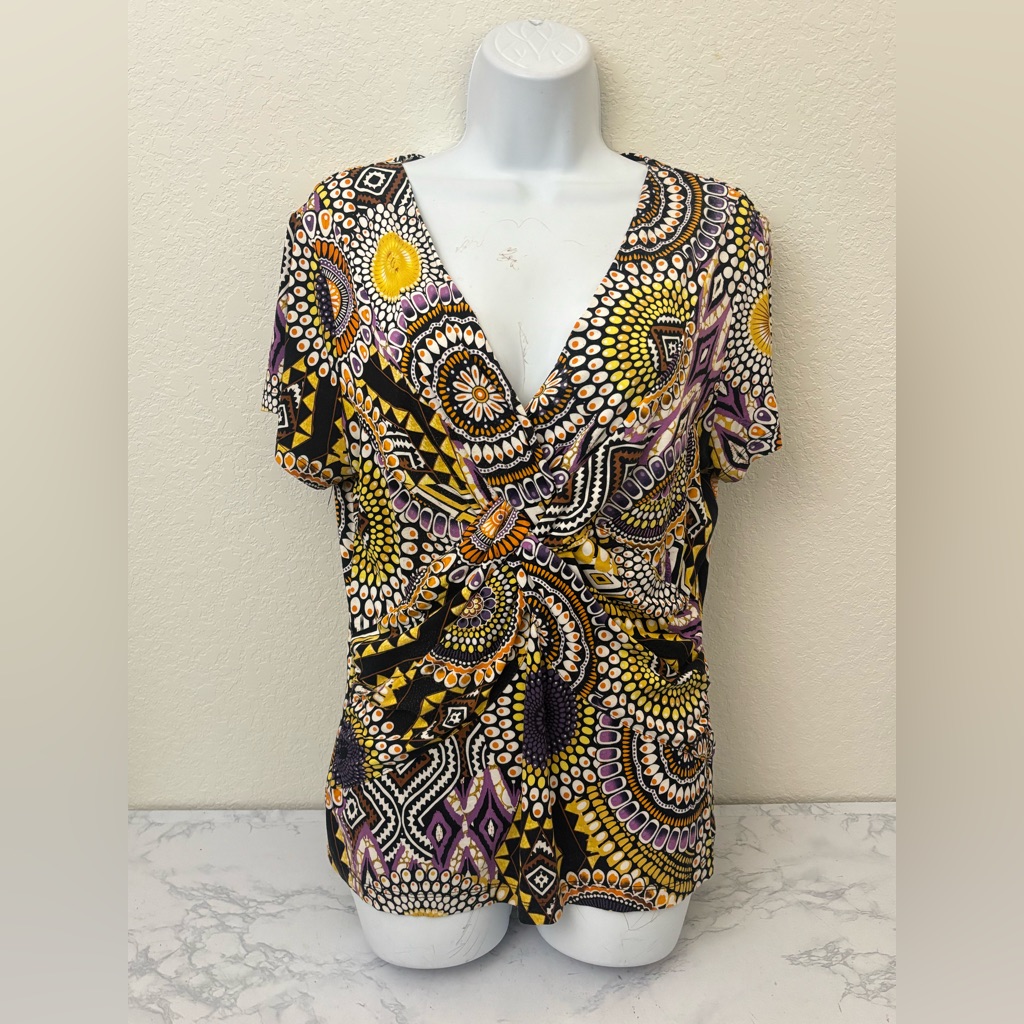 Cable & Gauge Women's Top - Short Sleeve V-Neck Sz L Paisley Faux Wrap Ruched